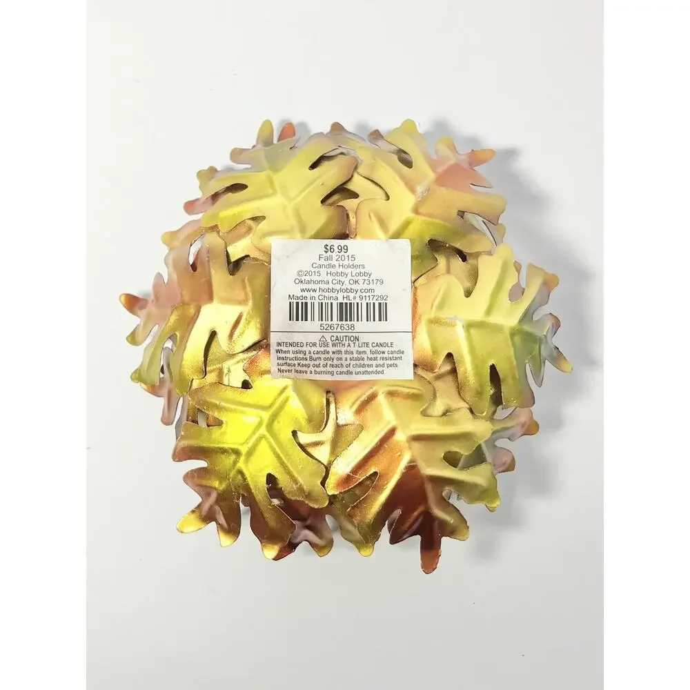 2015 Hobby Lobby 3 Fall Orange Yellow Tin Metal Leaf Votive Candle Holders 5.5”